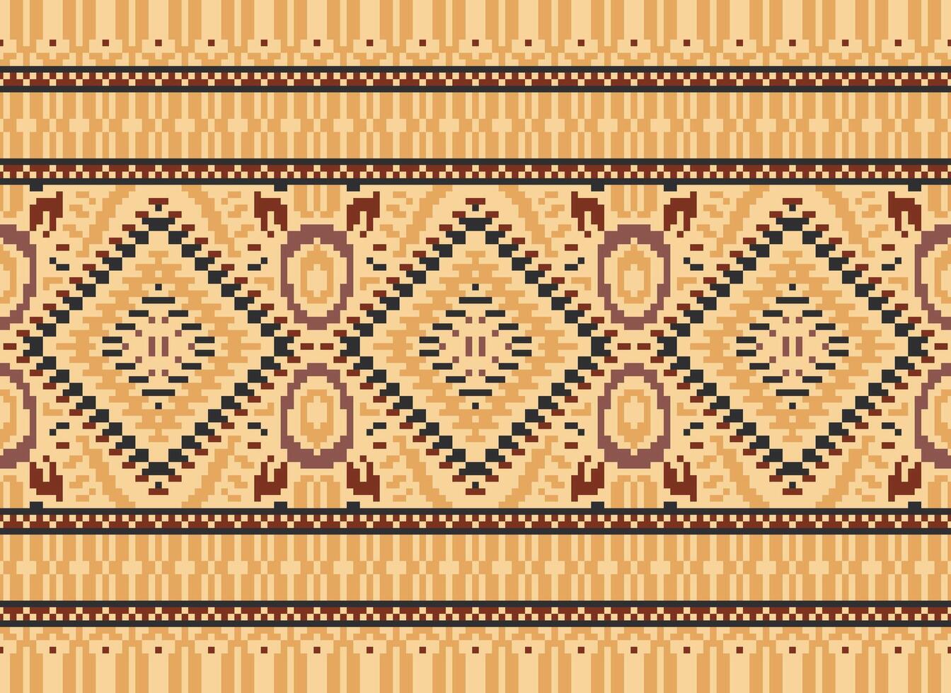 Pixel Cross Stitch Traditional Ethnic Pattern Paisley Flower Ikat Background Abstract Aztec African Indonesian Indian Seamless Pattern for Fabric Print Cloth Dress Carpet Curtains and Sarong vector