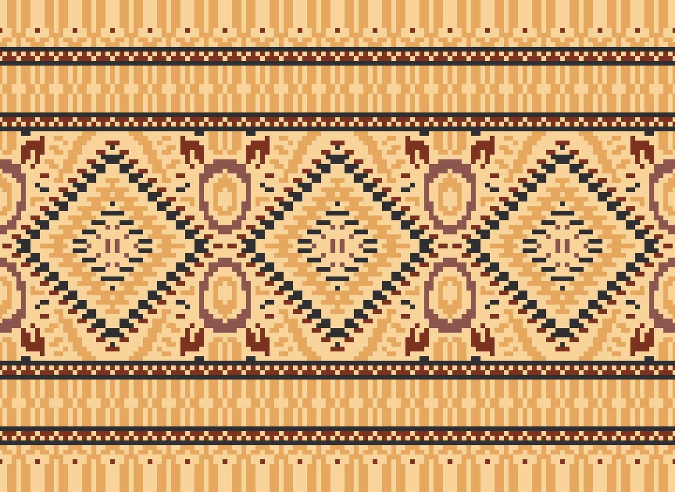 Pixel Cross Stitch Traditional Ethnic Pattern Paisley Flower Ikat Background Abstract Aztec African Indonesian Indian Seamless Pattern for Fabric Print Cloth Dress Carpet Curtains and Sarong vector