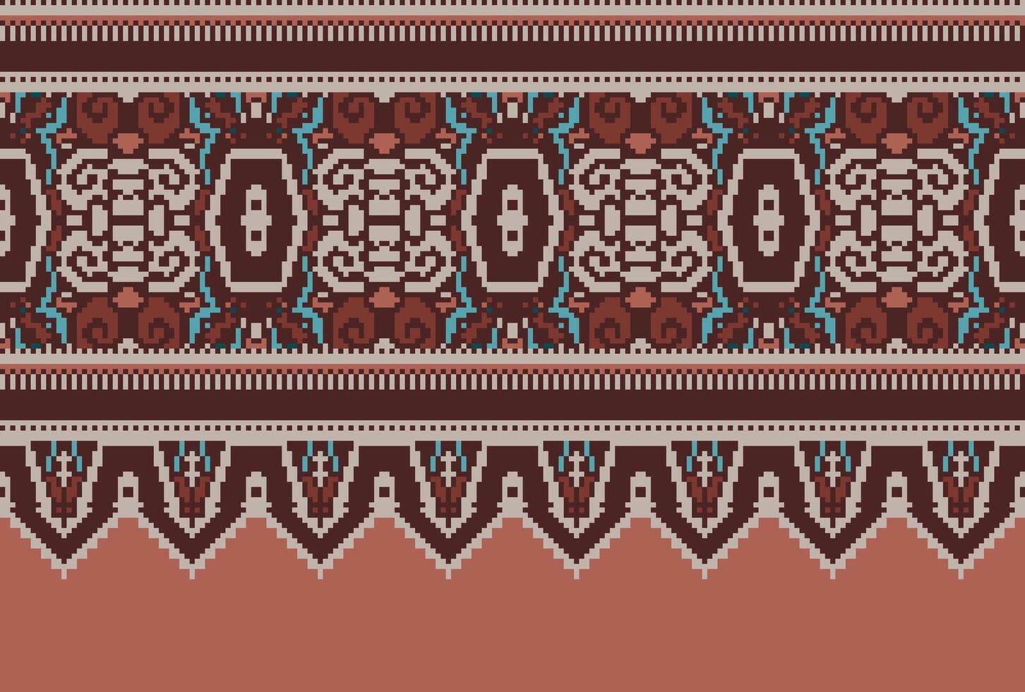 Cross Stitch pattern with Floral Designs. Traditional cross stitch needlework. Geometric Ethnic pattern, Embroidery, Textile ornamentation, fabric, Hand stitched pattern, Cultural stitching pixel art. vector