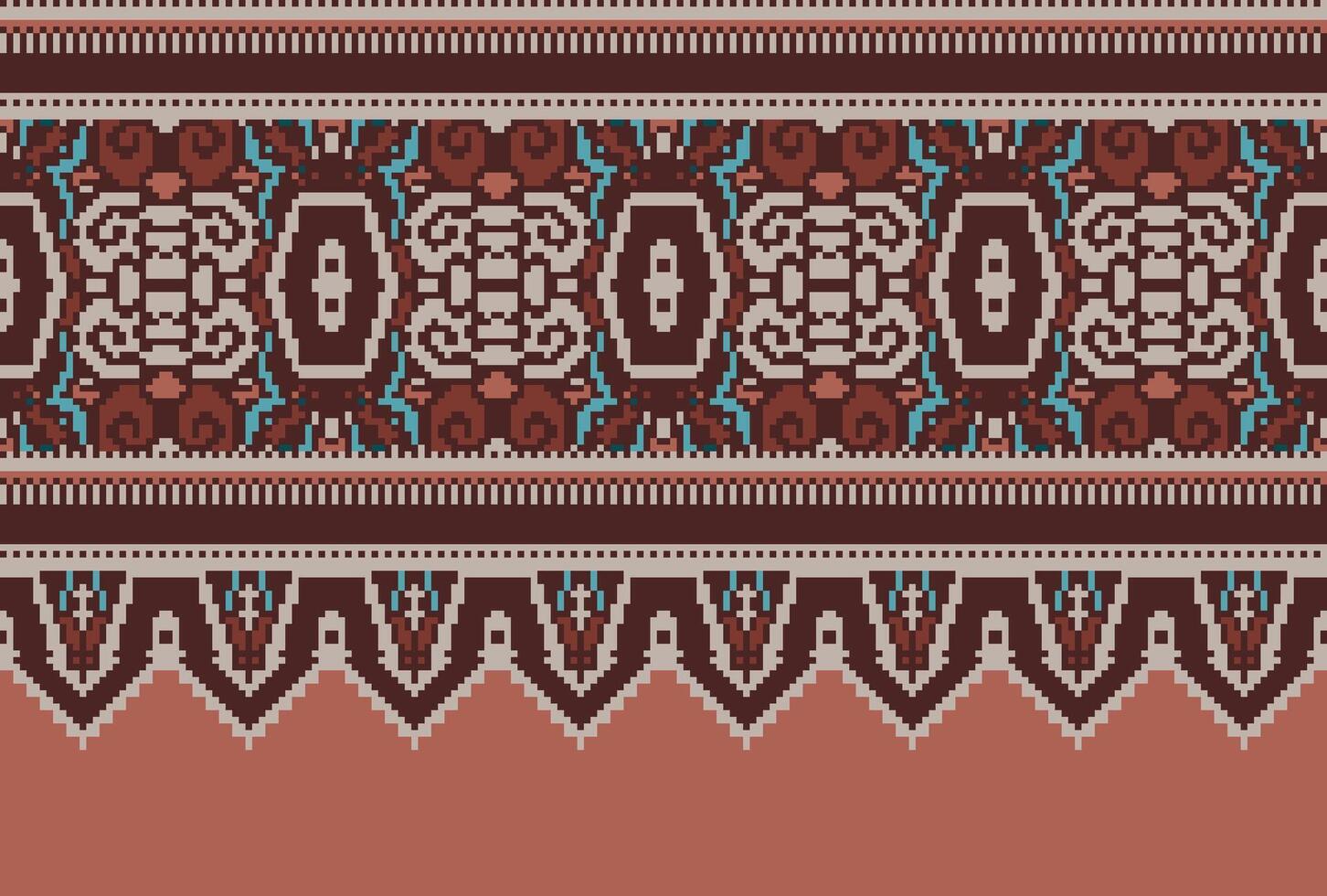 Cross Stitch pattern with Floral Designs. Traditional cross stitch needlework. Geometric Ethnic pattern, Embroidery, Textile ornamentation, fabric, Hand stitched pattern, Cultural stitching pixel art. vector