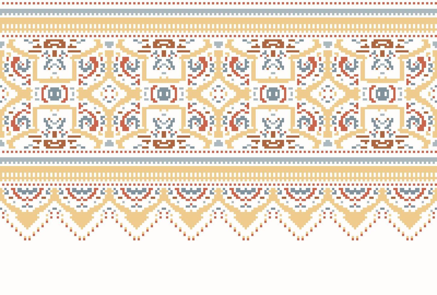 cross stitch Embroidery ethnic pattern, Vector Geometric ornate background, Cross stitch retro zigzag style, Blue and yellow pattern knitting continuous, Design for textile, fabric, digital print