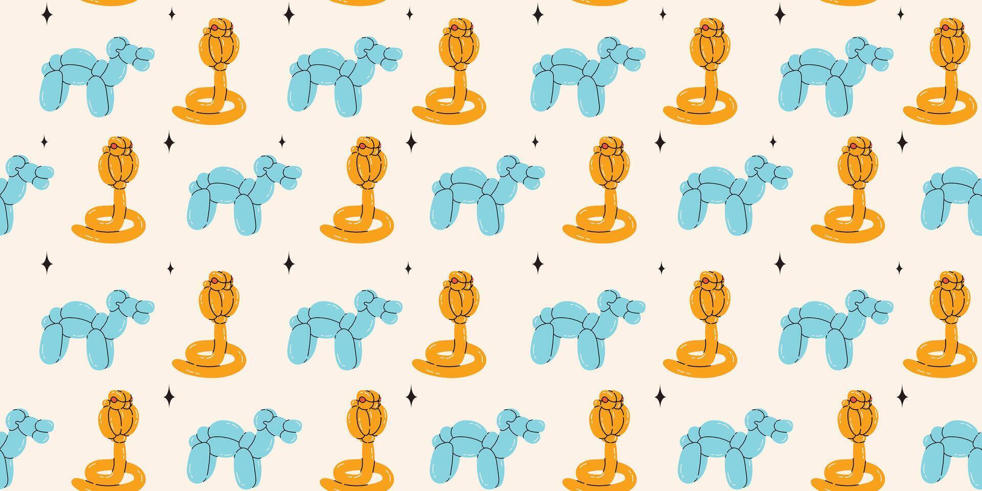 Seamless pattern with snake, camel balloons. Bright colorful repeating elements. Stock illustration. Vector seamless pattern of cute cartoon bubble animal in color.