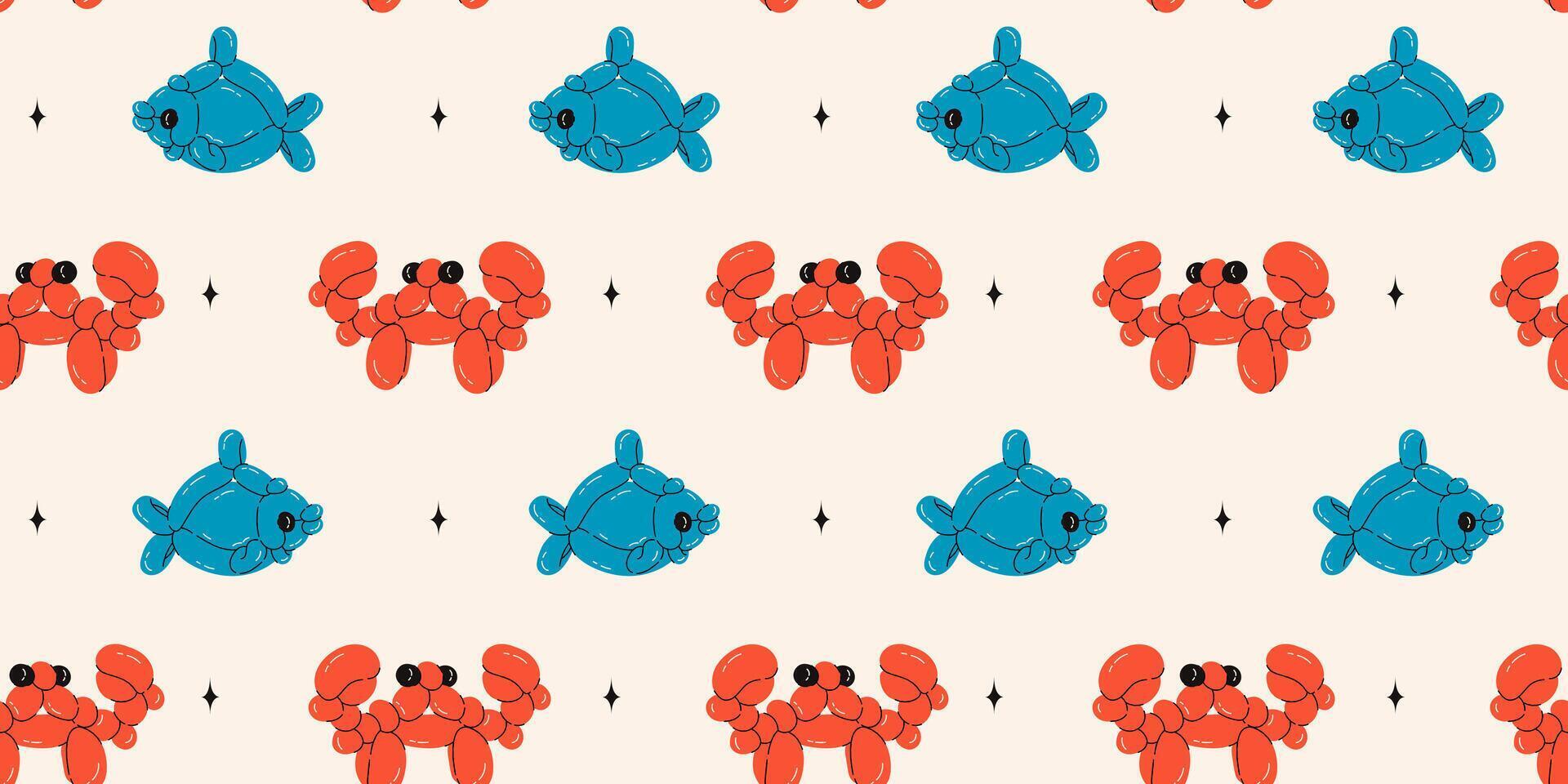 Seamless pattern with crab and fish balloons. Bright colorful repeating elements. Stock illustration. Vector seamless pattern of cute cartoon bubble animal in color.