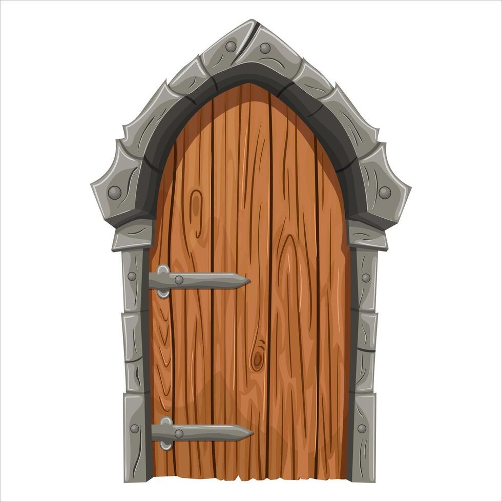 An old fairy-tale door with forged elements. A door with metal decorations. Vector illustration highlighted on a white background.