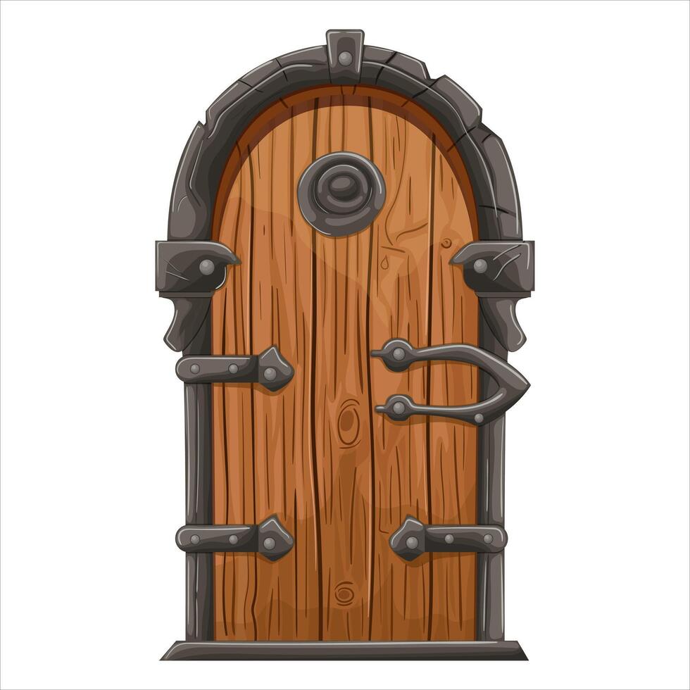 An old fairy-tale door with forged elements. A door with metal decorations. Vector illustration highlighted on a white background.