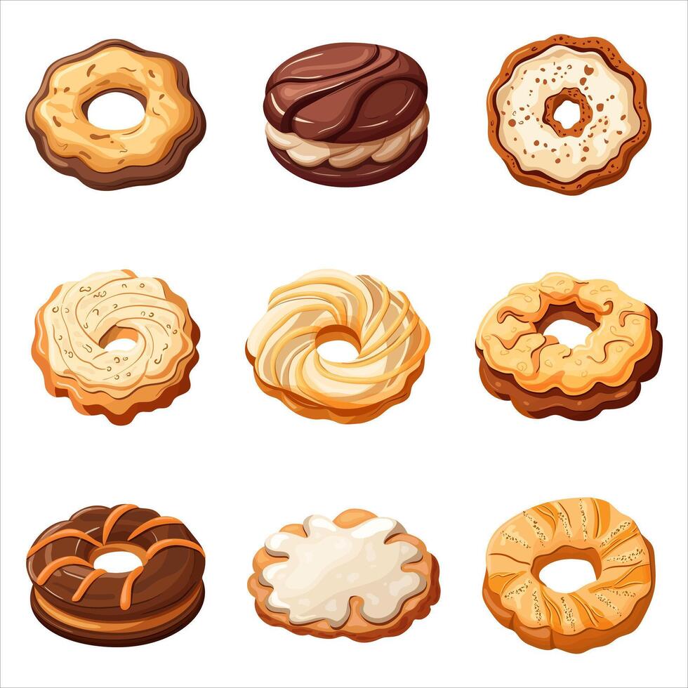 A set of cookies. Chocolate and vanilla cookies, confectionery. Vector illustration on a white background.