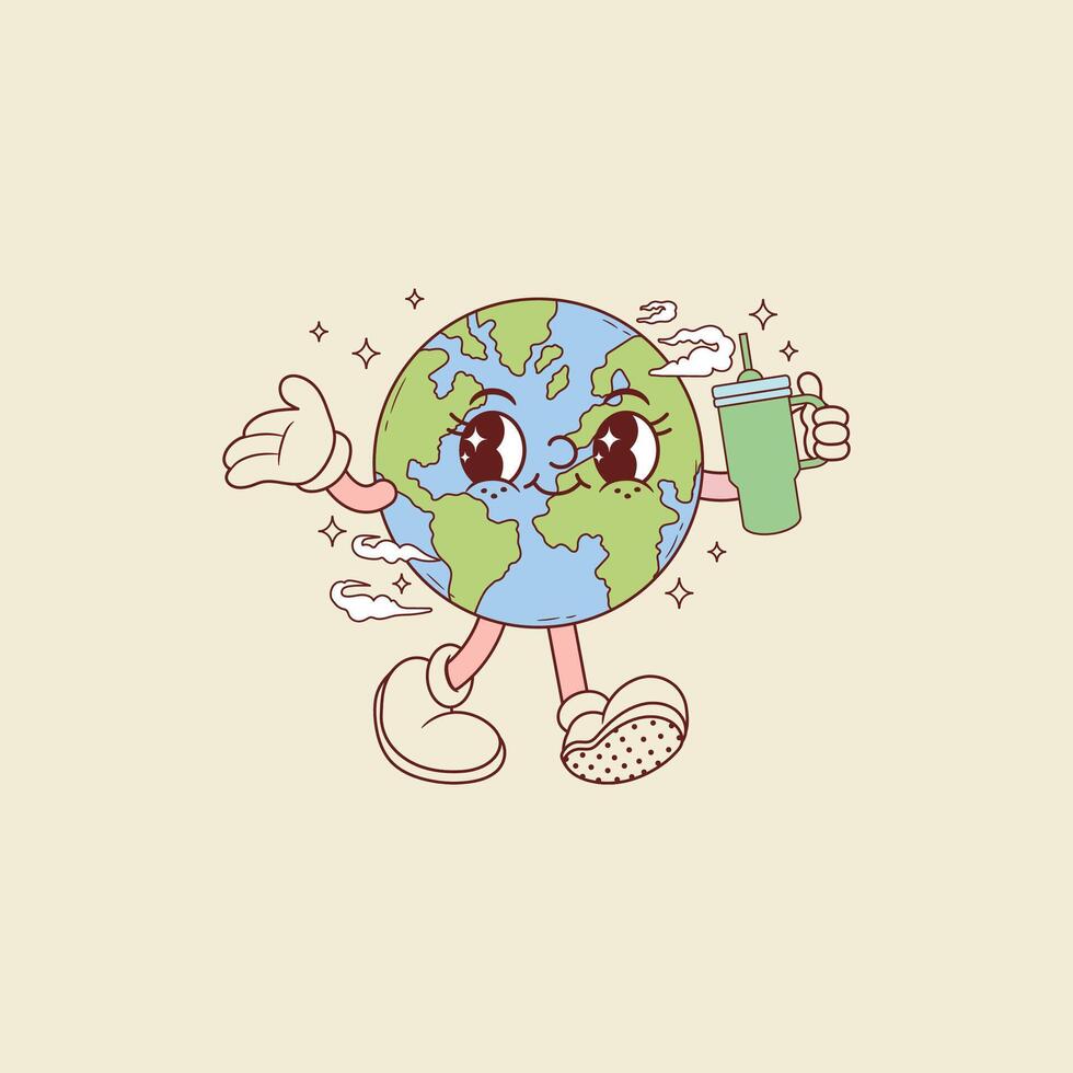 cute illustration of planet earth holding an object in his hand vector
