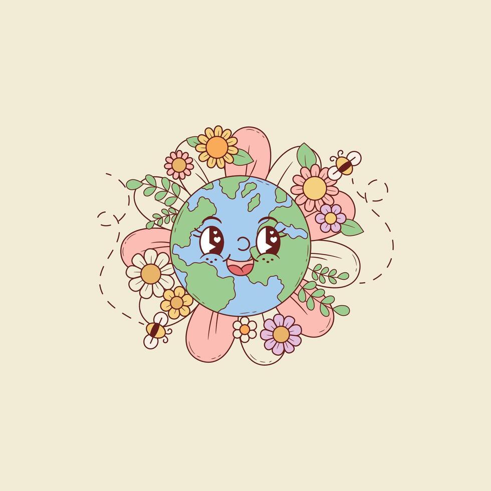 cute illustration of planet earth surrounded by flowers vector