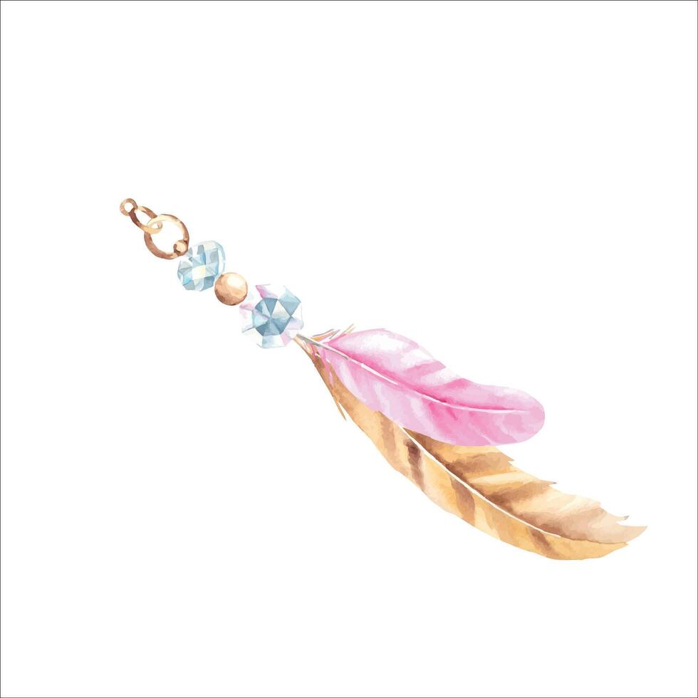 Watercolor composition from pale pink and beige feathers and beads, crystals. Hand drawn illustration. Design element for decoration, dream catcher, cards and textile prints. vector