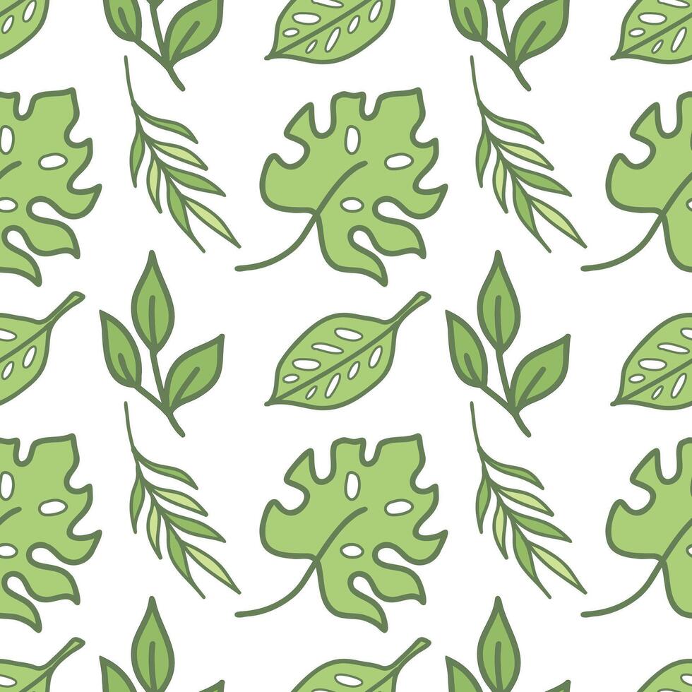 Tropical leaves seamless pattern. Hand drawn doodles isolated on white background. Colored vector design in cartoon style for fabric, scrapbooking or packaging.