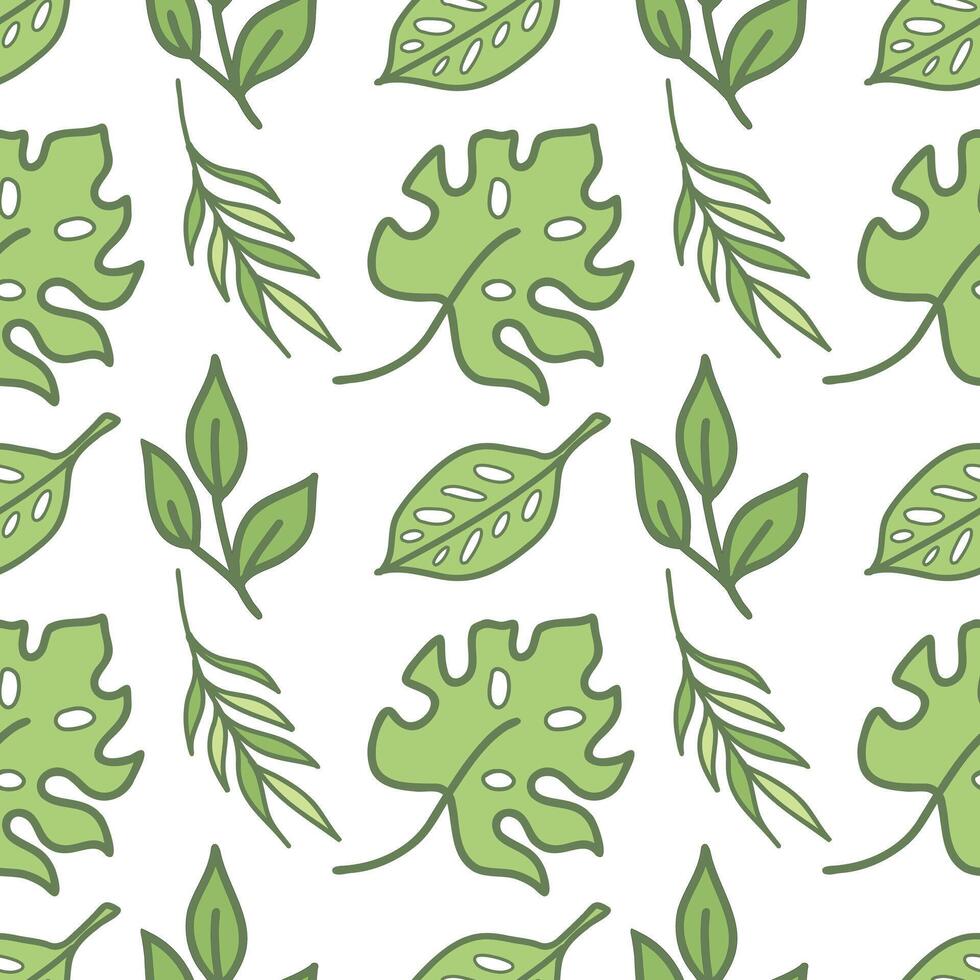 Tropical leaves seamless pattern. Hand drawn doodles isolated on white background. Colored vector design in cartoon style for fabric, scrapbooking or packaging.