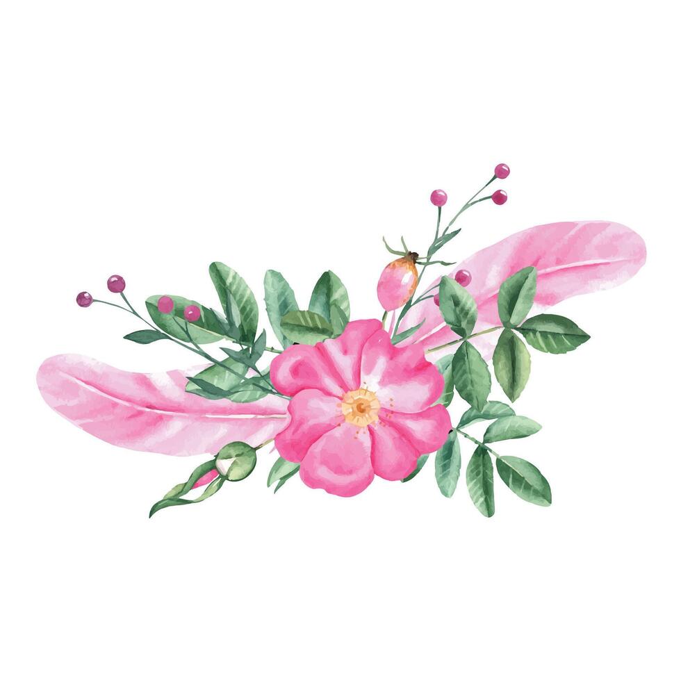 Watercolor composition from dog rose flowers, leaves, buds and pink feathers. Botanical hand drawn illustration. vector