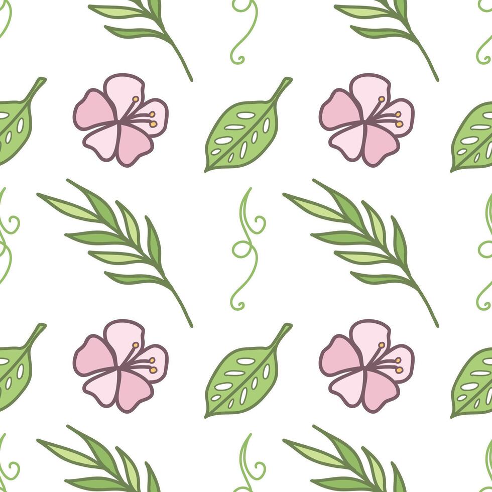 Tropical plants seamless pattern. Leaves and flowers. Hand drawn doodles isolated on white background. Colored vector design in cartoon style for fabric, scrapbooking or packaging.