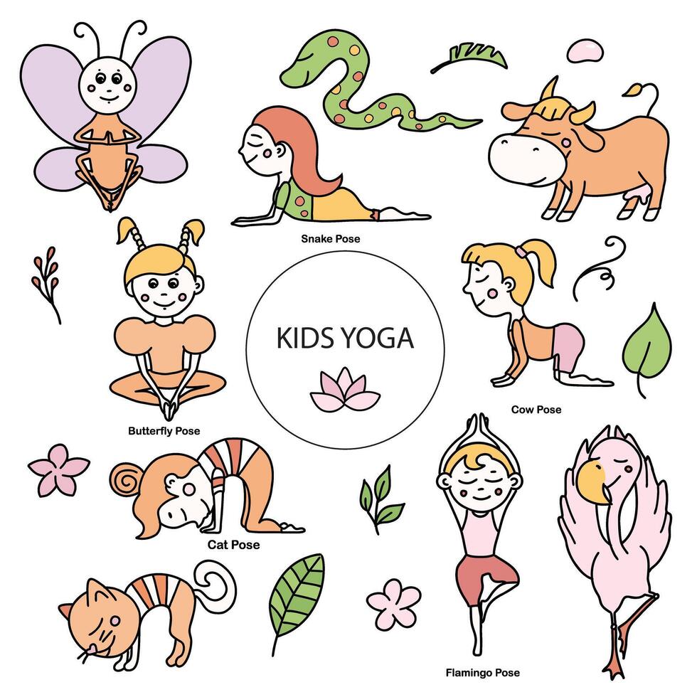 conjunto de niños yoga animal posa gato, vaca, mariposa, flamenco, serpiente asanas vector dibujos animados ilustración en garabatear estilo.