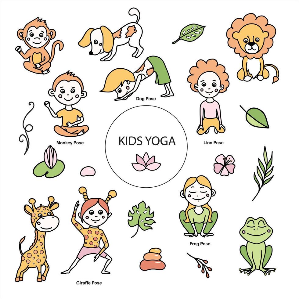 Set of kids yoga animal poses. Monkey, frog, lion, giraffe, dog asanas. Vector cartoon illustration in doodle style.