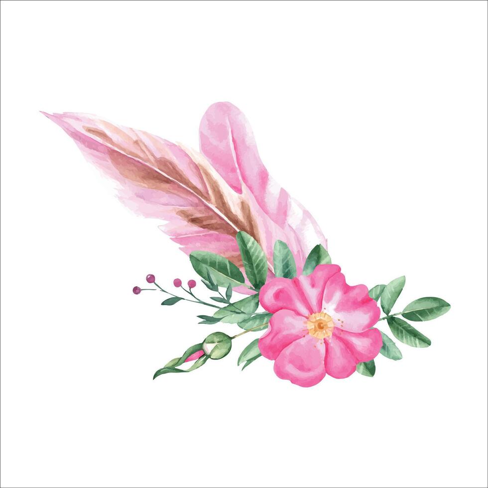 Watercolor composition from dog rose flowers, leaves, buds and pink feathers. Botanical hand drawn illustration. vector
