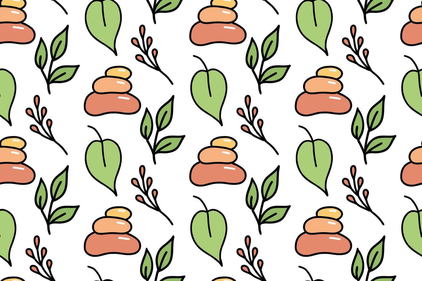 Oriental seamless pattern with tropical leaves, branches and balanced stones. Hand drawn doodles isolated on white background. Colored vector design in cartoon style for textile print or packaging.