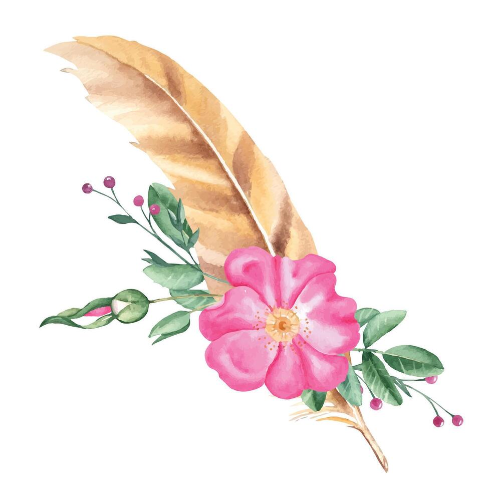 Watercolor composition from dog rose flowers, leaves, buds and beige, brown feather. Botanical hand drawn illustration. vector