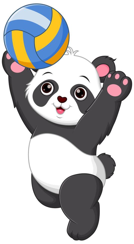 Cute Panda Cartoon Playing Volleyball Vector Illustration. Animal Nature Icon Concept Isolated Premium Vector