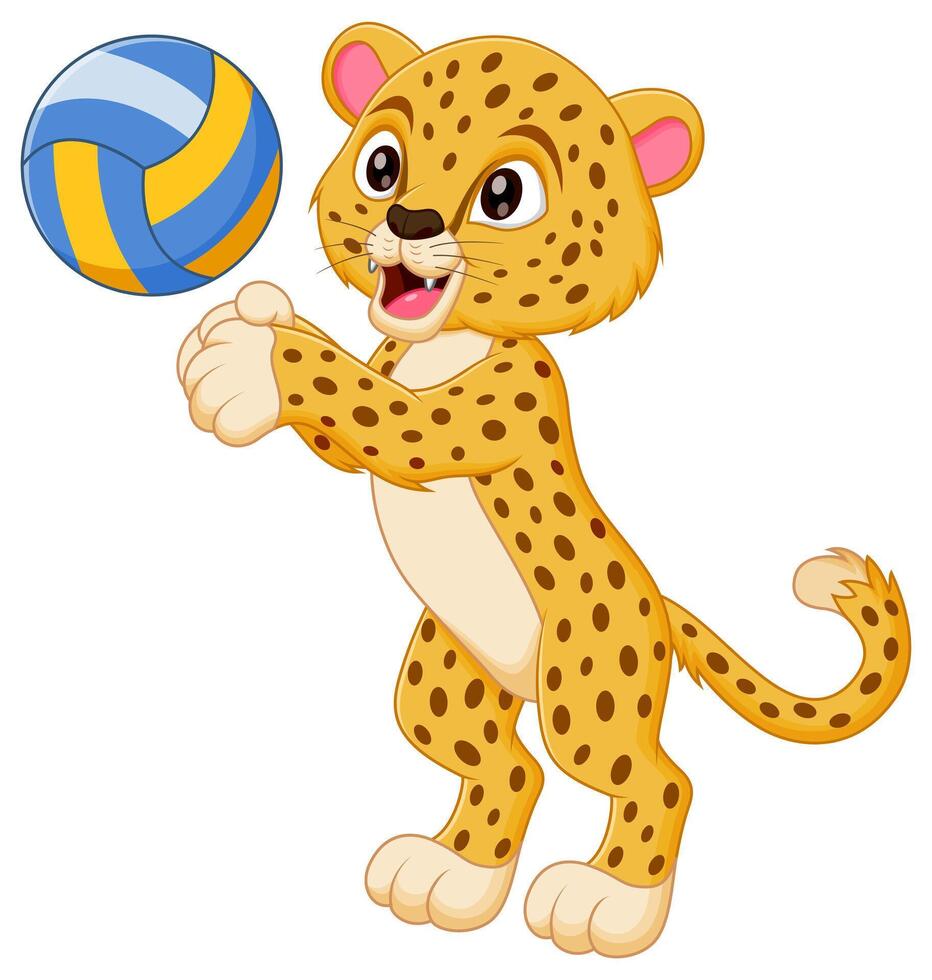 Cute Cheetah Cartoon Playing Volleyball Vector Illustration. Animal Nature Icon Concept Isolated Premium Vector