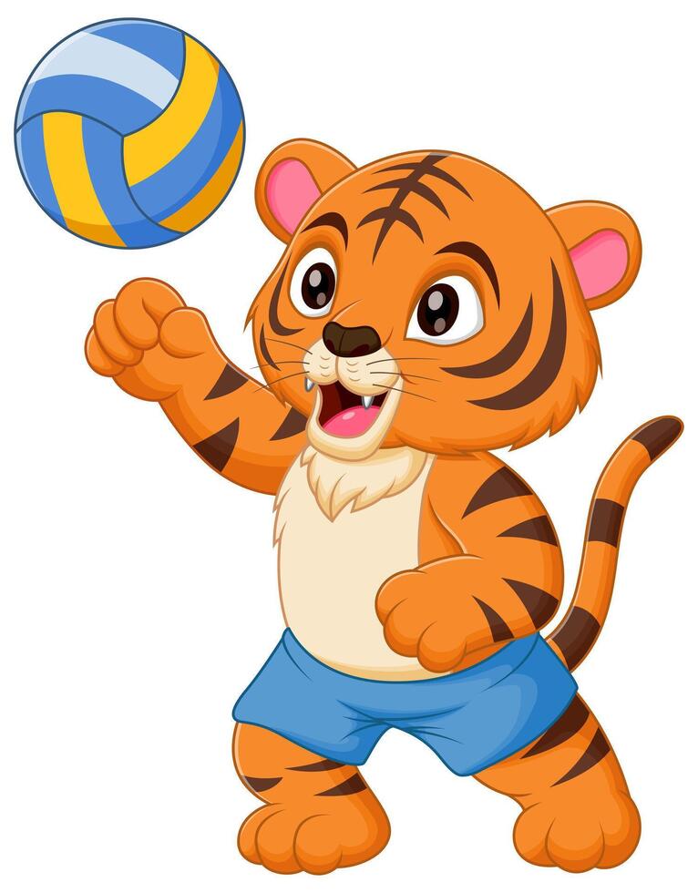 Cute Tiger Cartoon Playing Volleyball Vector Illustration. Animal Nature Icon Concept Isolated Premium Vector