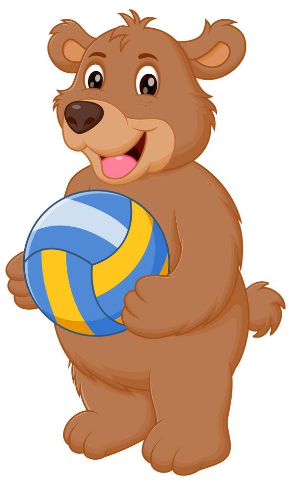 Cute Bear Cartoon Holding Volleyball Vector Illustration. Animal Nature Icon Concept Isolated Premium Vector