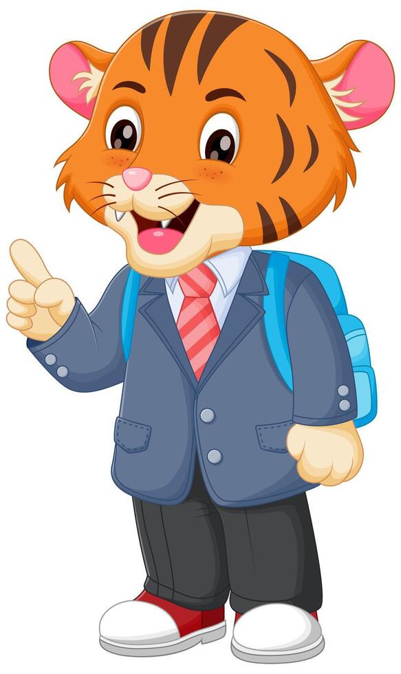 Cute Tiger Cartoon Going to School Vector Illustration. Cute Tiger in School Uniform with Bag