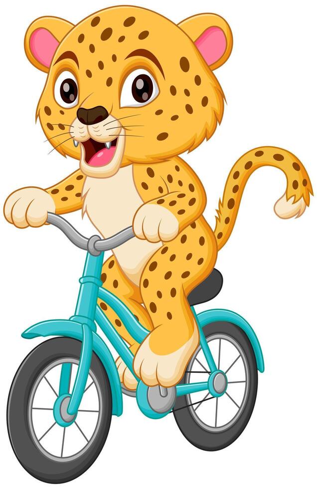 Cute Cheetah Riding Bicycle Cartoon Vector Icon Illustration. Animal Sport Icon Concept Isolated Premium Vector
