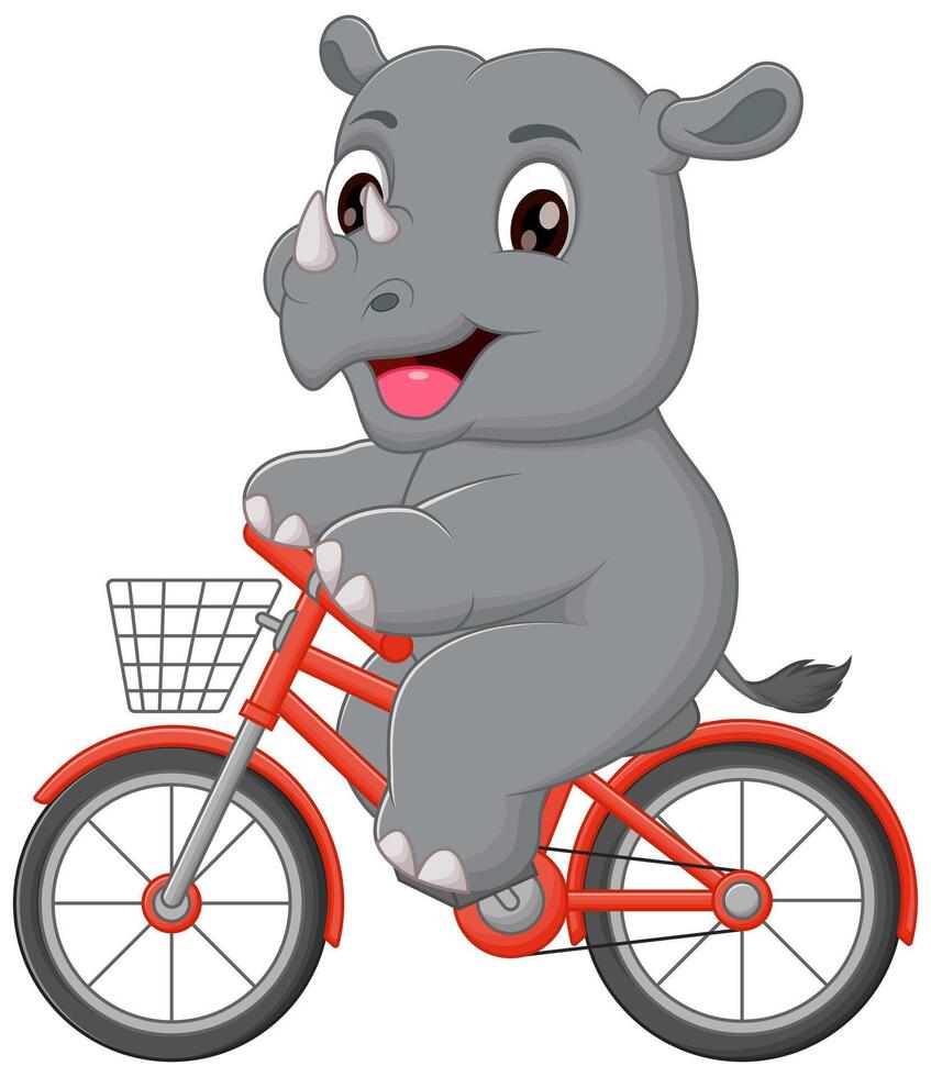 Cute Rhinoceros Riding Bicycle Cartoon Vector Icon Illustration. Animal Sport Icon Concept Isolated Premium Vector