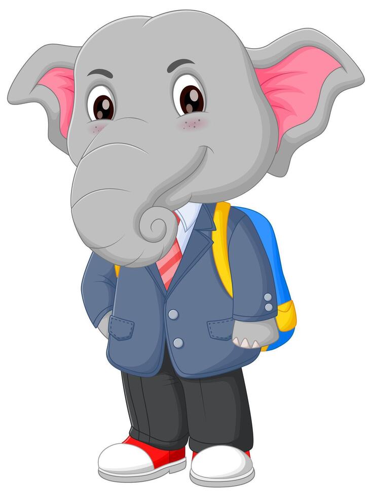 Cute Elephant Cartoon Going to School Vector Illustration. Cute Elephant in School Uniform with Bag