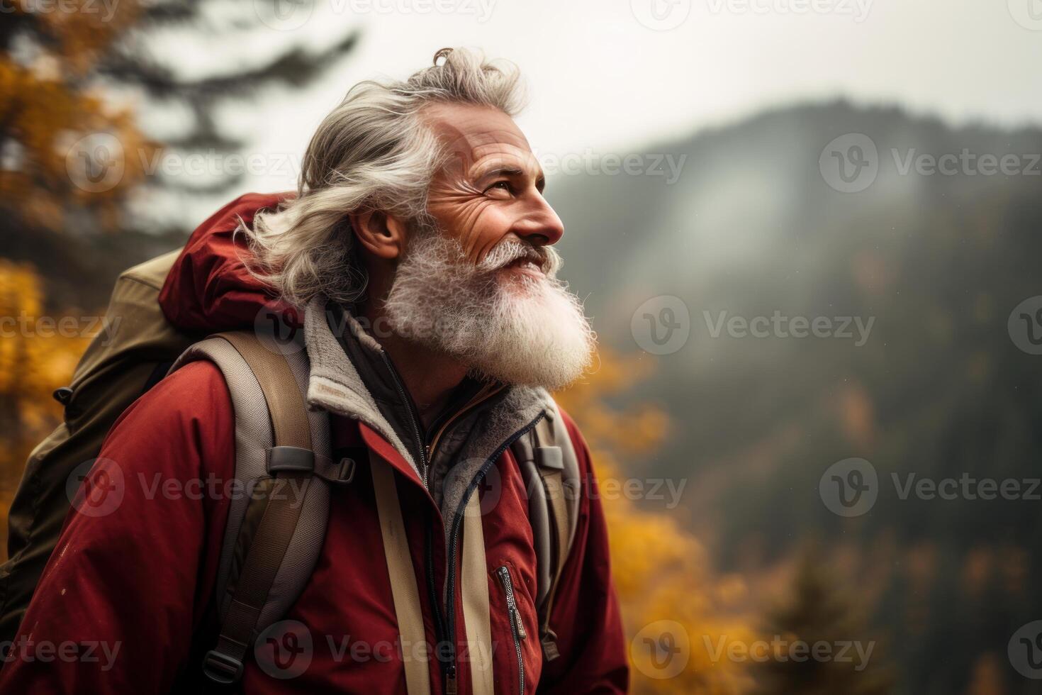 AI generated Experienced Older man hiking nature. Generate Ai photo