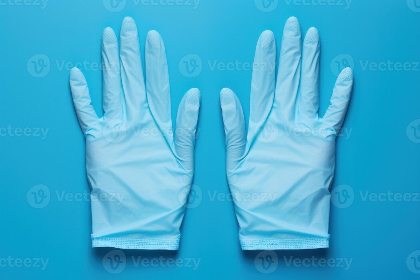 AI generated Disposable Pair of medical gloves on blue background. Generate Ai photo