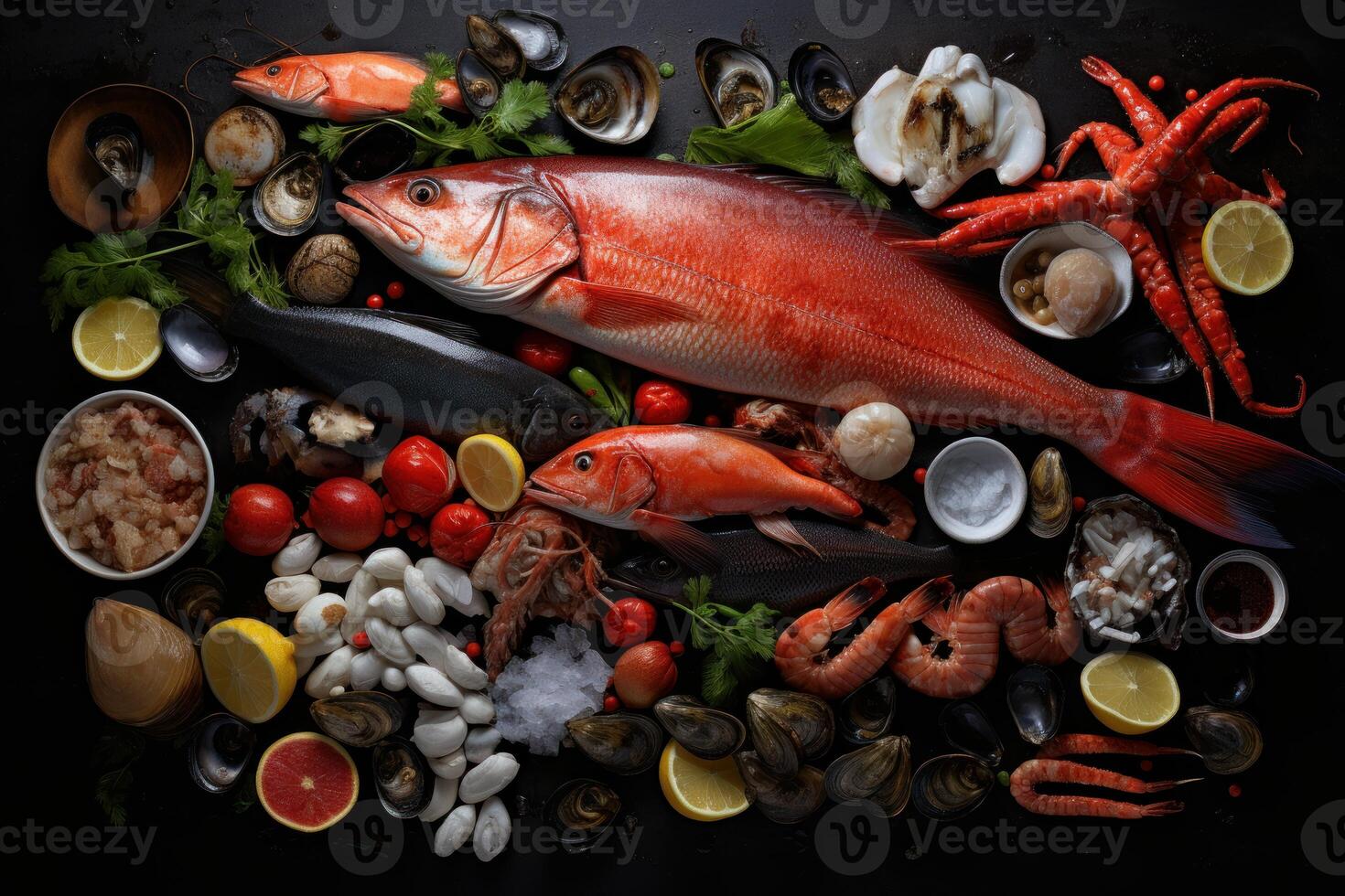AI generated Detailed Overhead shot seafood meal. Generate Ai photo