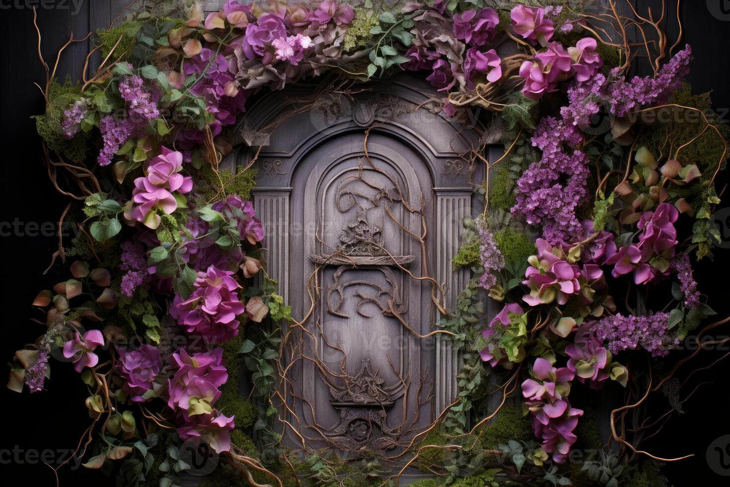 AI generated Mystical Purple fairy door flowers. Generate Ai photo