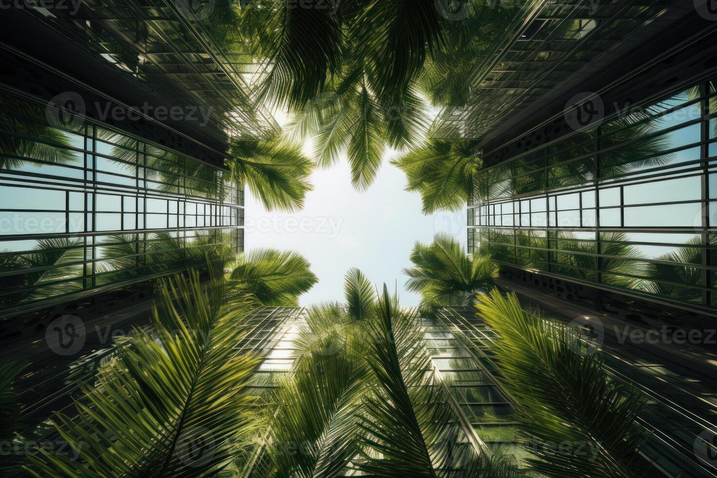 AI generated Tropical Palm leaves front skyscraper lights. Generate Ai photo