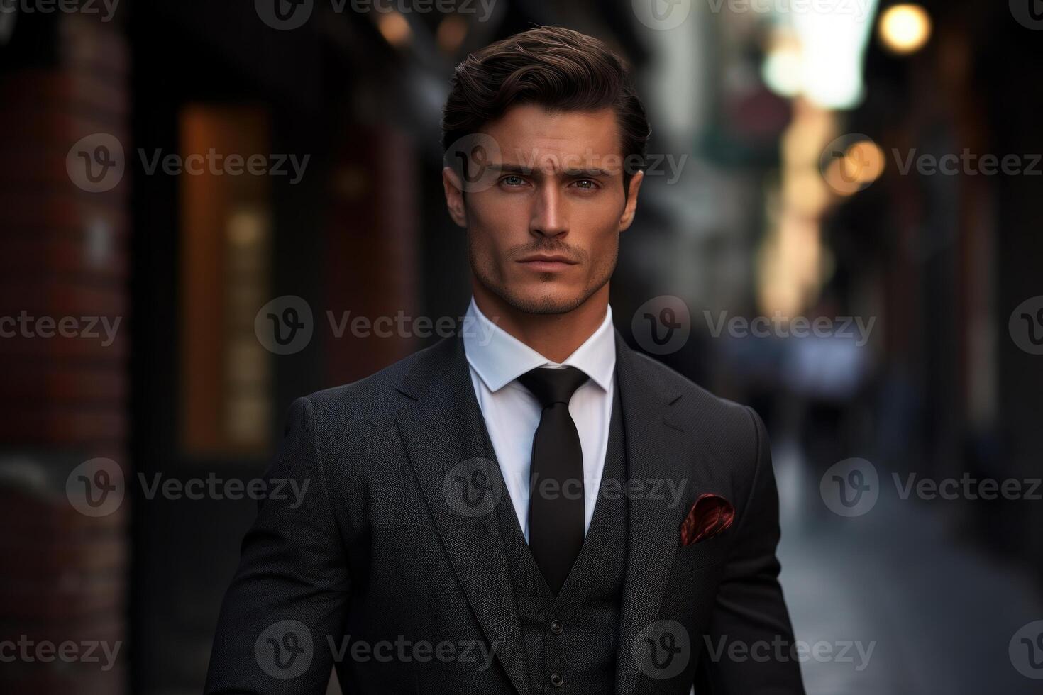 AI generated Elegant European fashion businessman street photo. Generate Ai photo