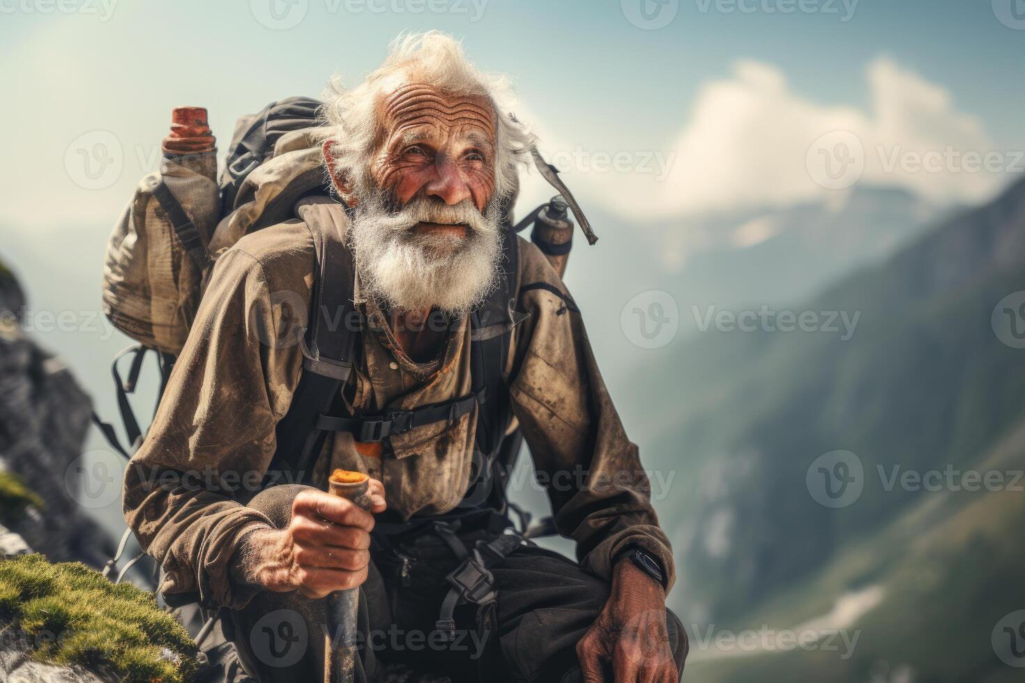 ai generado al aire libre antiguo hombre senderismo. generar ai foto