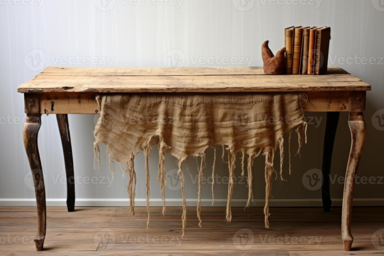 AI generated Natural Pieces burlap fabric wooden table. Generate Ai photo