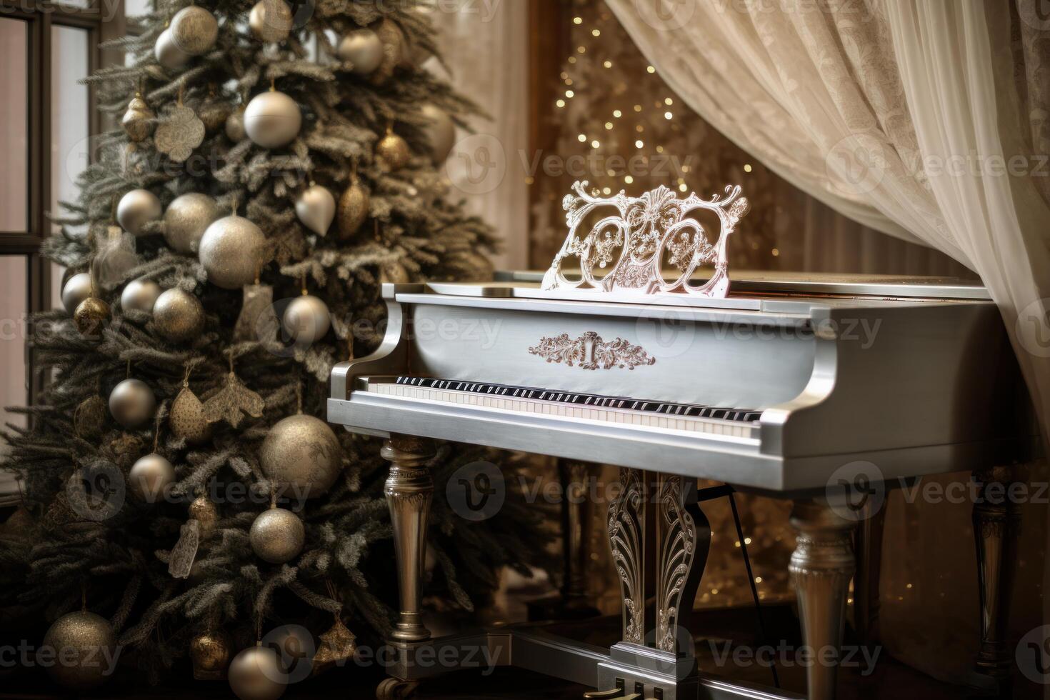 AI generated Festive Piano with Christmas decoration season. Generate Ai photo