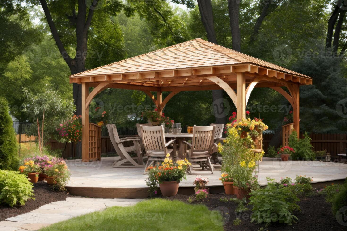 AI generated Charming Pergola wood lake gazebo. Generate AI photo