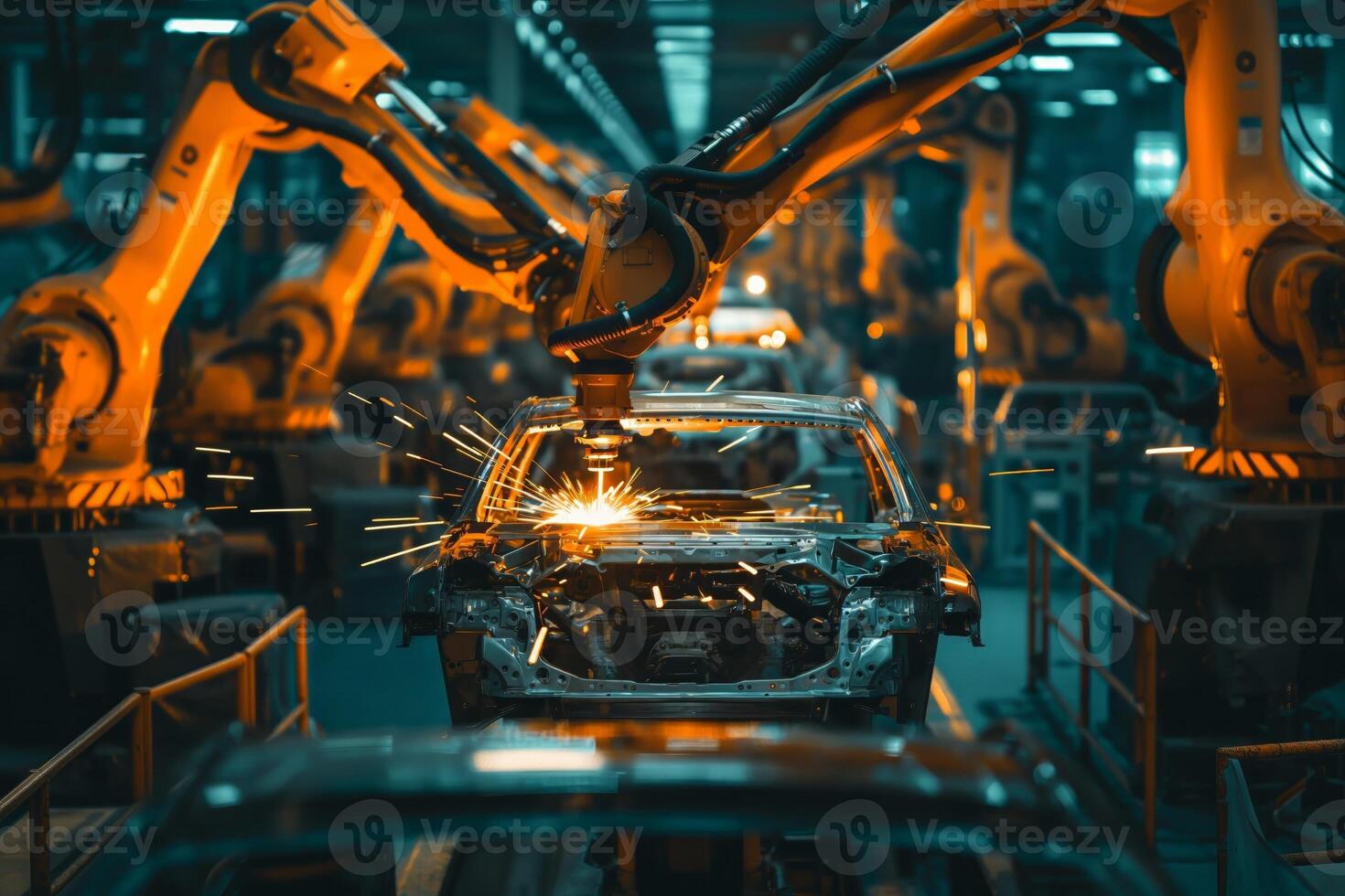 AI generated Automated robotic arms welding a car chassis on the assembly line in an industrial factory setting photo