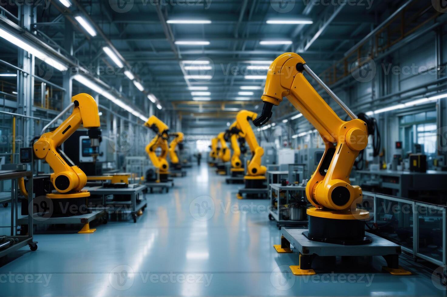 AI generated Automated Robotic Arms Assembling Products in a High-Tech Factory photo