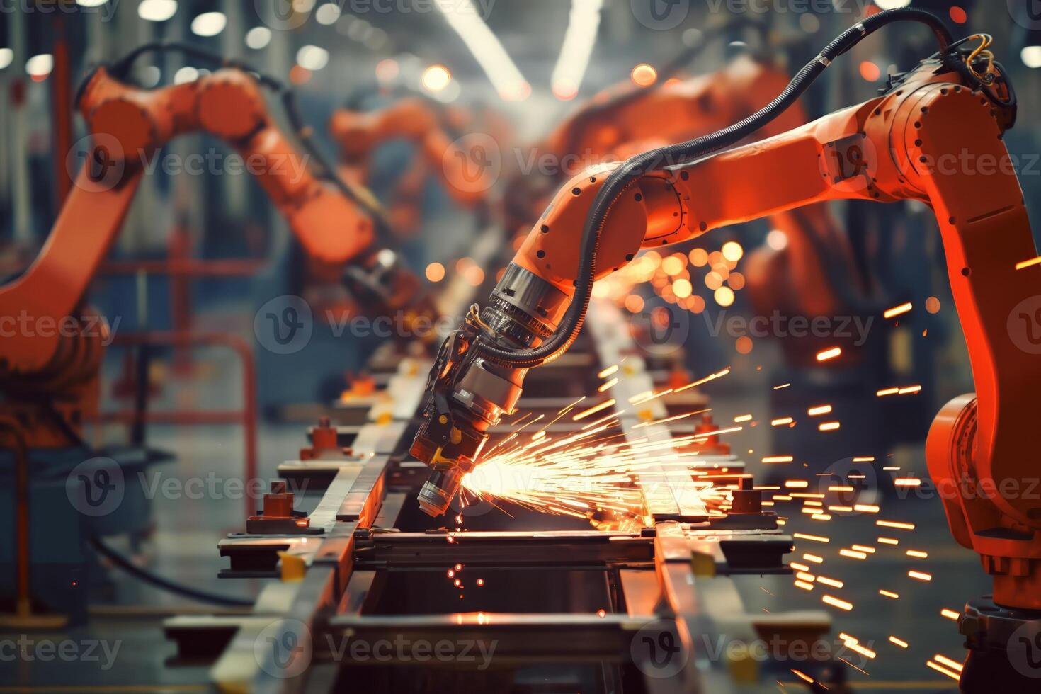 AI generated Automated Factory Production Line With Robotic Workers photo