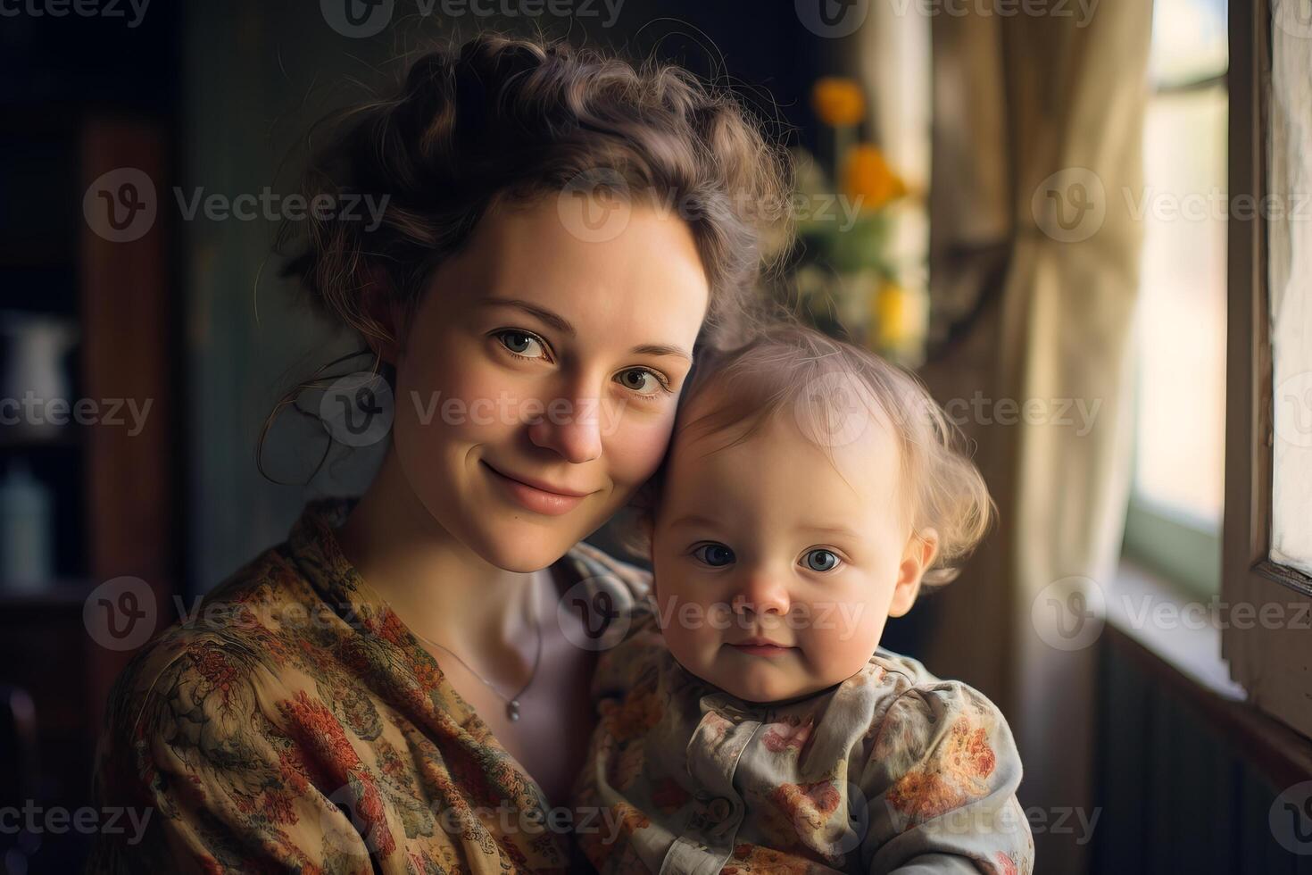 ai generado cariñoso joven madre sonriente con linda bebé. generar ai foto