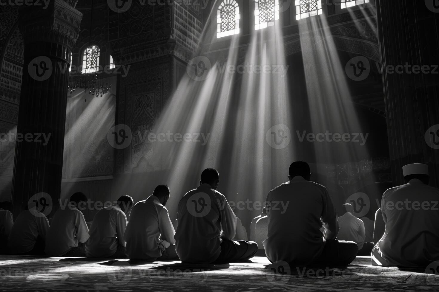 AI generated Silhouettes of people praying in a mosque with rays of light photo