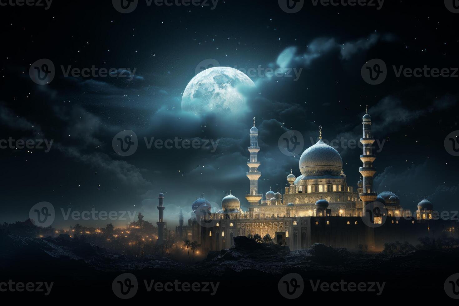 AI generated Resplendent Mosque evening sky moon. Generate Ai photo