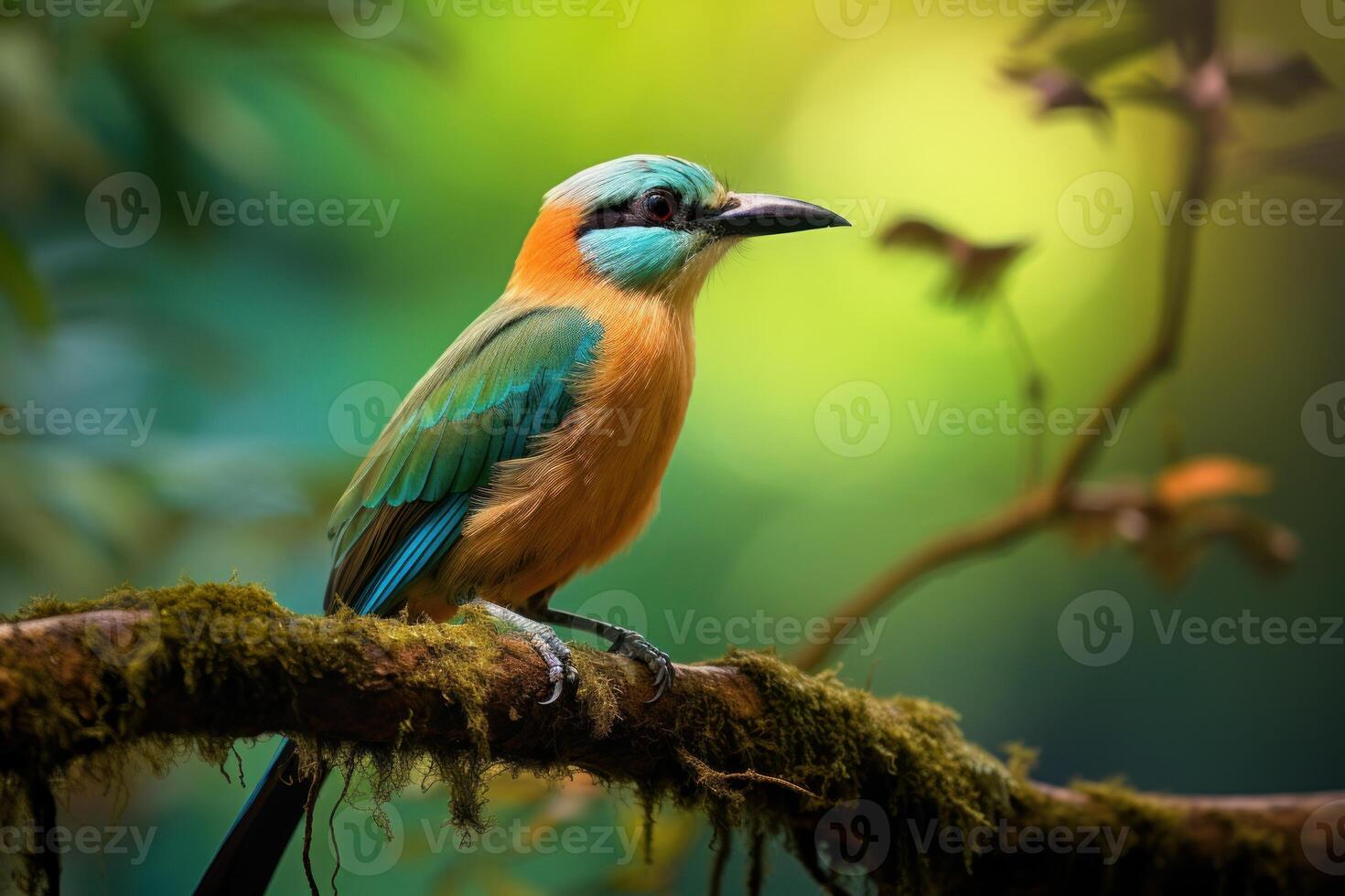 AI generated Colorful Motmot bird branch. Generate Ai photo