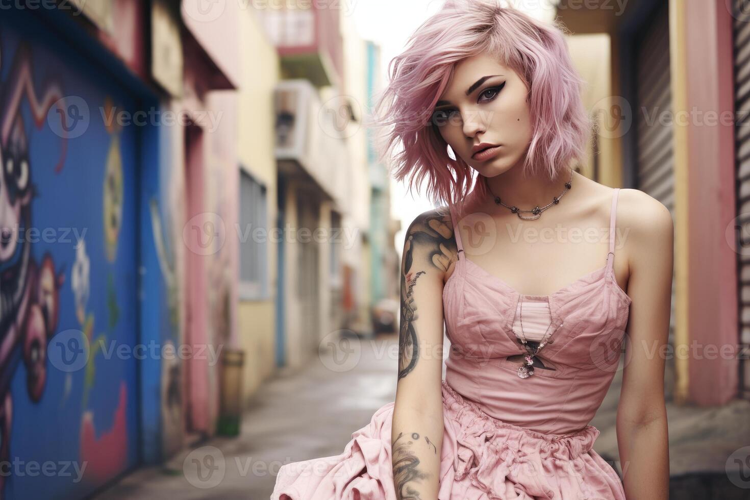 AI generated Vibrant Punk woman pink dress. Generate Ai photo