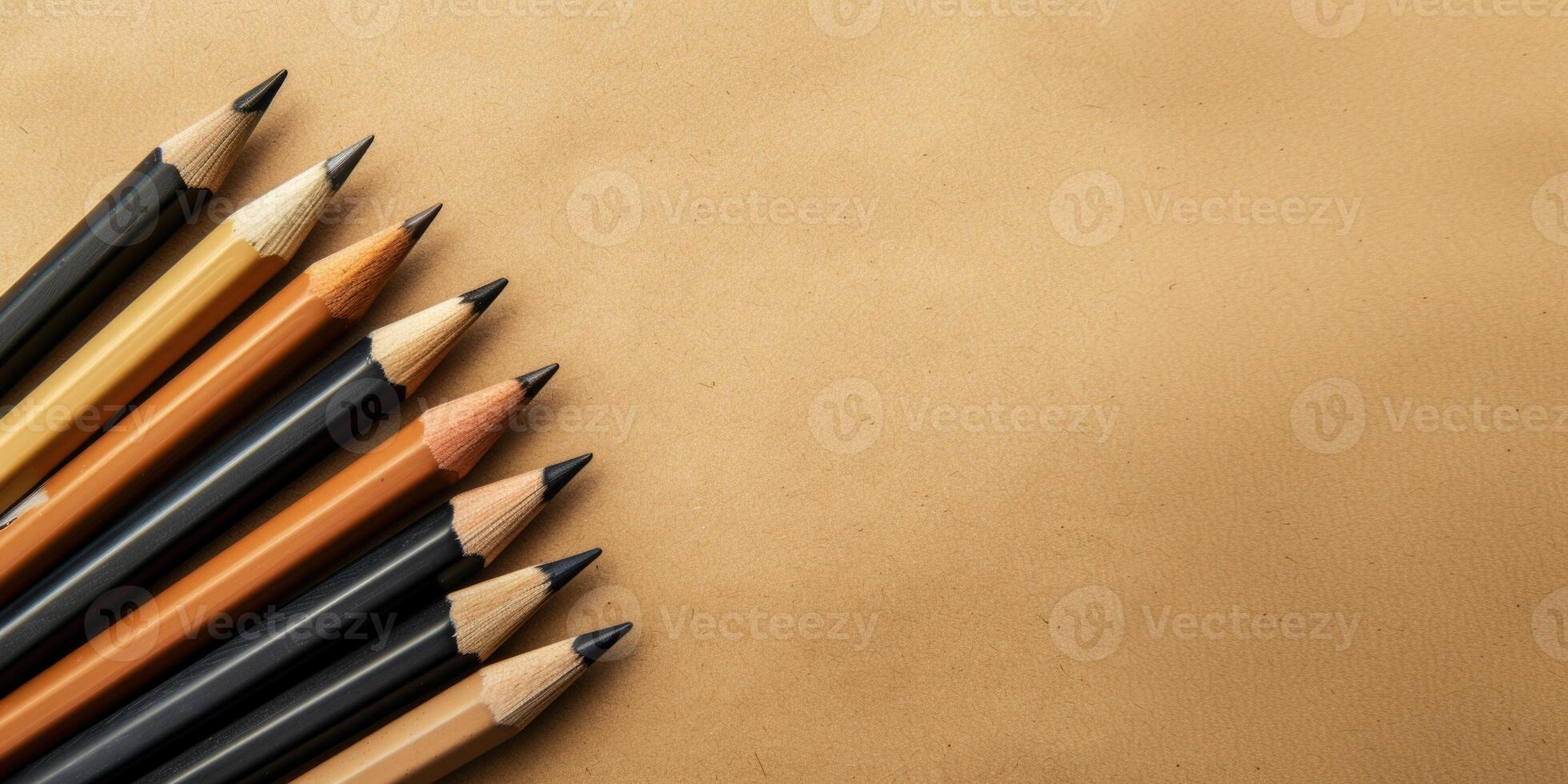 AI generated Simple pencils on empty beige pastel background with copy space. School and office supplies photo