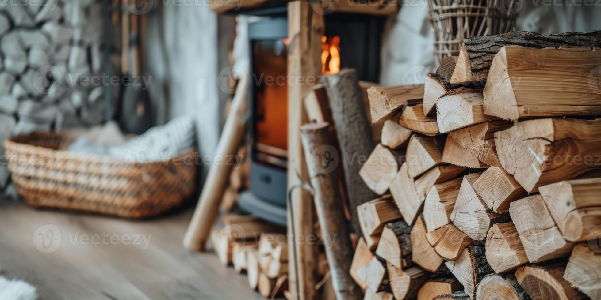 AI generated Firewood against the backdrop of a cozy fireplace and fire photo